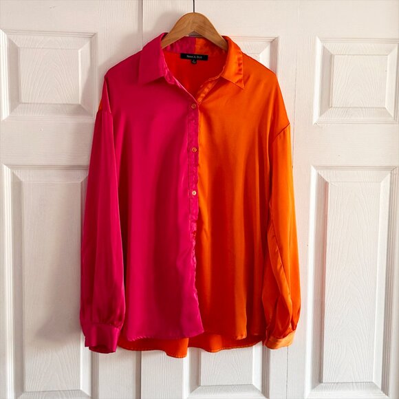 Strut & Bolt Multicolor Orange and Hot Pink Button Up Colorblock Satin Blouse - Picture 4 of 9